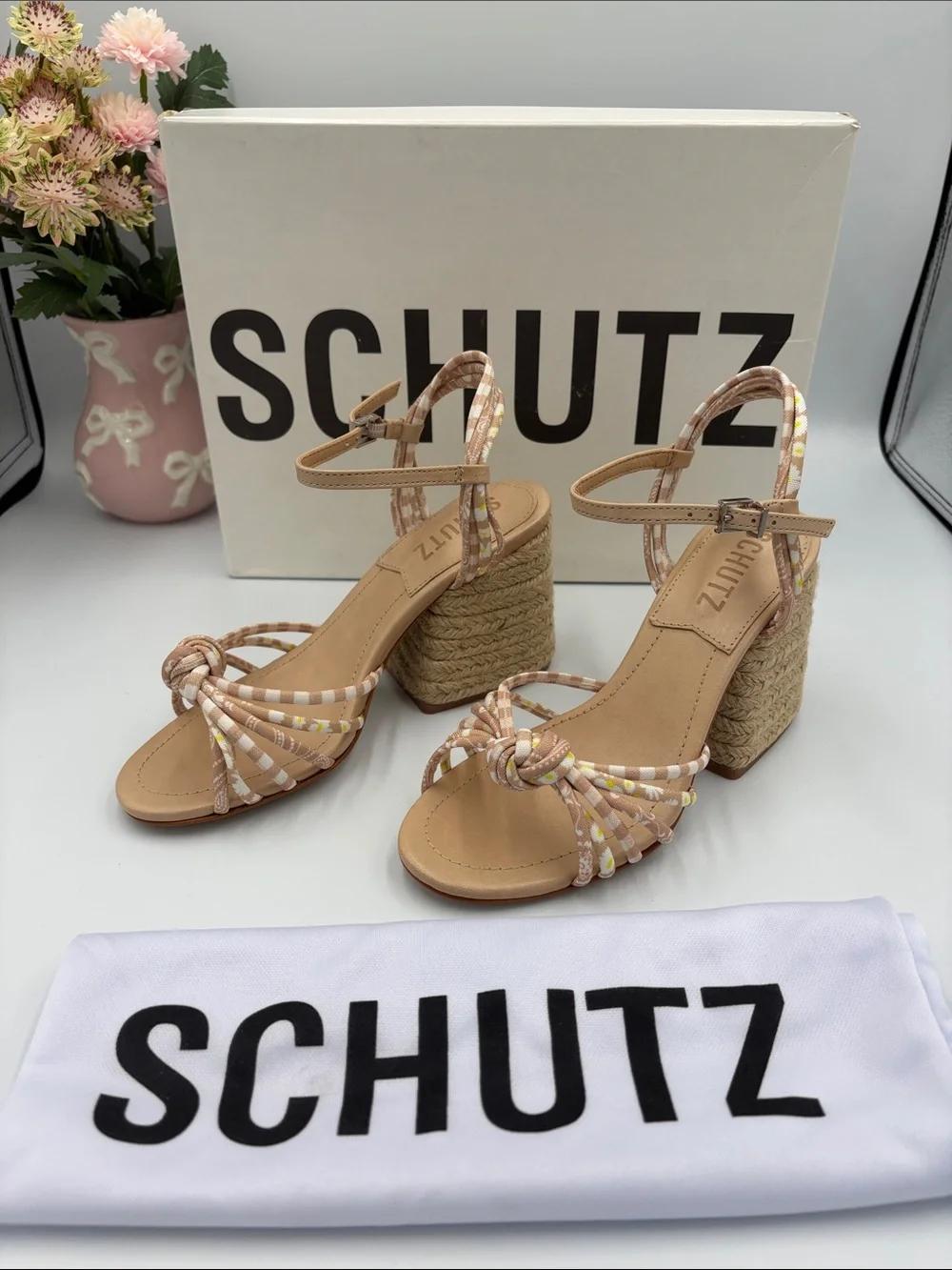 SCHUTZ Tan Sandal with Multicolor Braided Straps